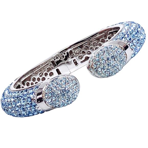 HSN Signed Joan Boyce Pavé Blue Crystal Silver Tone Hinged Cuff Bracelet Size 7 - Picture 13 of 15